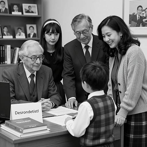 Gathering Around the Desk in Monochrome