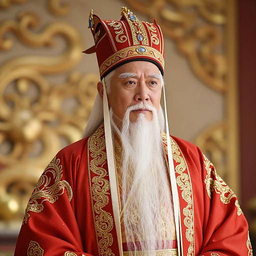 Photograph of an elderly, white-bearded man in ornate red and gold royal robes and crown, with a solemn expression, against an ornately