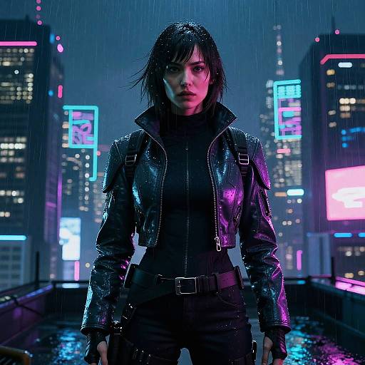 Cyberpunk cityscape at night: wet-haired woman in black leather jacket, black shirt, and black pants stands defiantly under rain, neon lights
