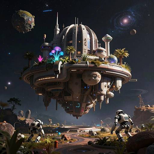Digital art of a futuristic, floating space station with glowing plants, surrounded by starry space, alien-like creatures, and distant planets.