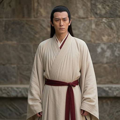 Photograph of a serious East Asian man with long black hair, wearing a cream kimono with a maroon belt, standing against a textured stone wall