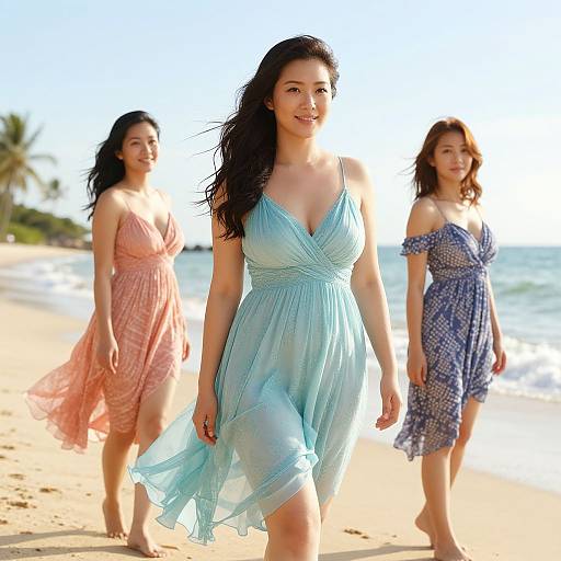 Photograph of three Asian women in flowing summer dresses walking on a sunny beach; central woman in blue dress leads, smiling. Background: ocean, palm