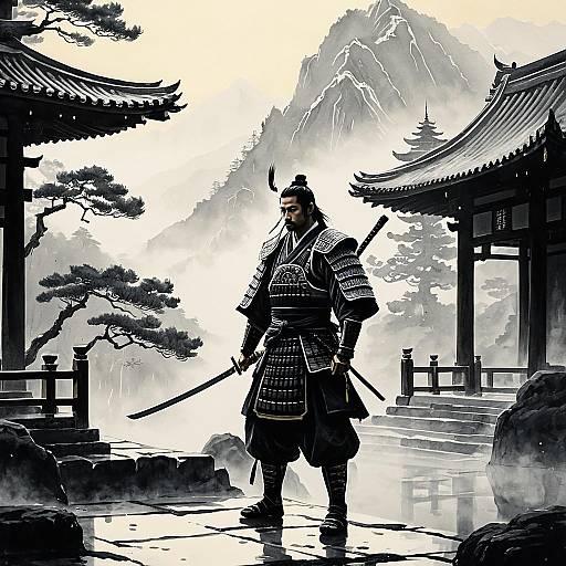 White Samurai Warrior in Misty Mountain Temple
