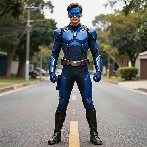 Photograph of a muscular man in a blue superhero costume with metallic armor, black gloves, boots, and mask, standing confidently on a suburban street.