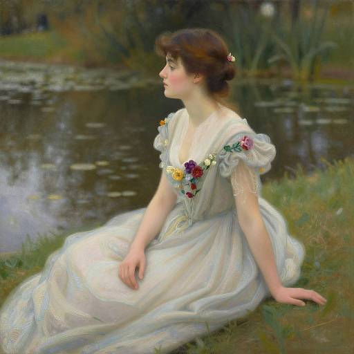 Digital painting of a fair-skinned woman with brown hair, wearing a white floral dress, sitting by a serene pond, gazing into the distance.