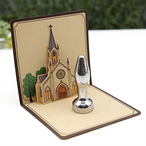 Photograph of a card with a detailed, colored church illustration, featuring a clear, shiny, tapered dildo on the right.