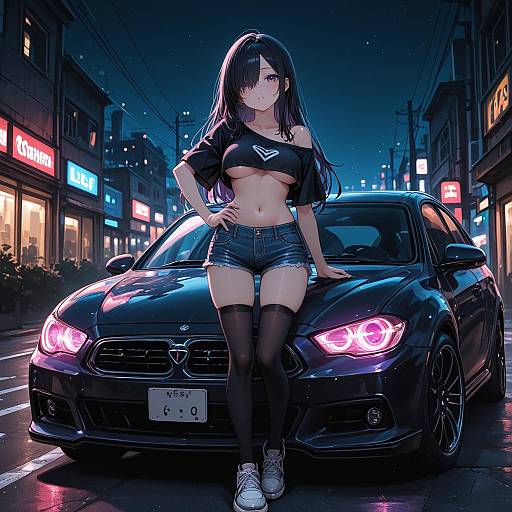 Anime Girl Posing with Car at Night