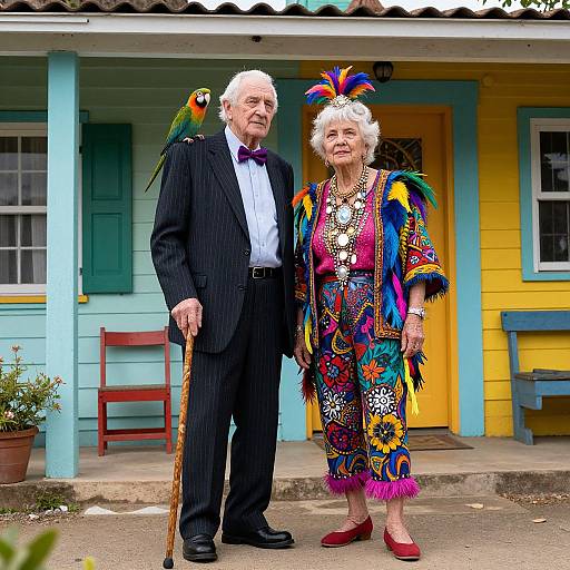 Photograph of elderly white couple standing outside colorful house; man in black pinstripe suit, cane, bird on shoulder; woman in vibrant, pattern