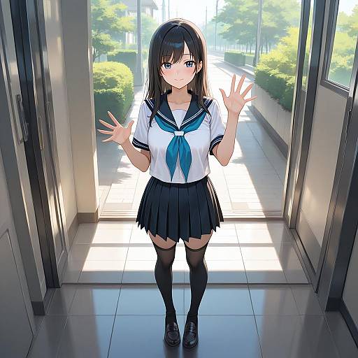 Anime Girl in School Uniform Waving