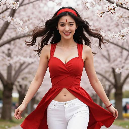 Smiling Woman in Red Dress Among Cherry Blossoms