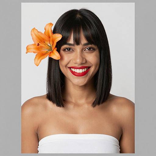 Photograph of a smiling woman with straight black hair, bright red lipstick, and an orange lily in her hair, wearing a white strapless top