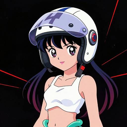Anime-style digital drawing of a cute girl with long black hair, wearing a white tank top and futuristic white helmet, against a black background with red lines