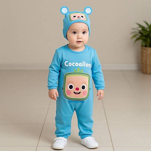 Photograph of a baby in a light blue Cocoon onesie with cartoon TV hat, white shoes, standing on tiled floor, beige wall background,