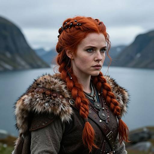 Photograph-style CGI of a red-haired woman with braids, wearing a fur-trimmed medieval-style cloak, standing by a misty lake with