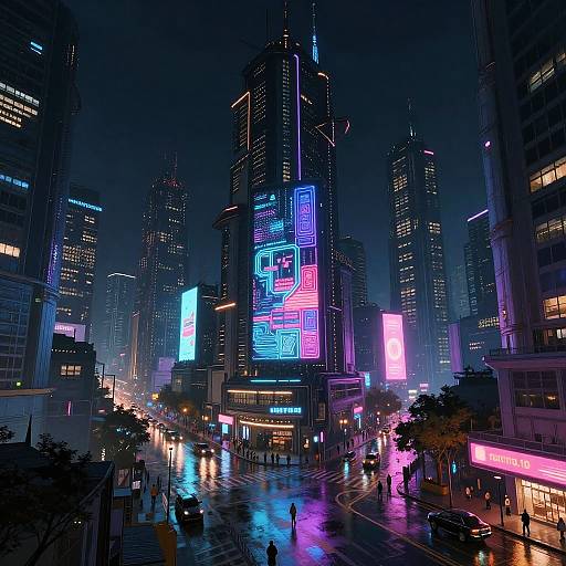 Neon-lit, futuristic cityscape at night with towering skyscrapers adorned in vibrant blue, pink, and purple lights; wet streets reflect colorful