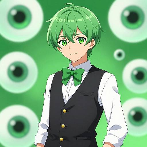Anime-style digital drawing of a green-haired boy with green eyes, wearing a black vest, white shirt, and green bowtie, against a green background