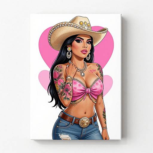 Digital illustration of a tattooed Latina woman with long black hair, wearing a pink bra, cowboy hat, and blue jeans, standing against a pink heart
