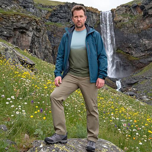 Photograph of a bearded man with short brown hair, wearing a teal jacket, green shirt, beige pants, standing on a rock amidst colorful wild