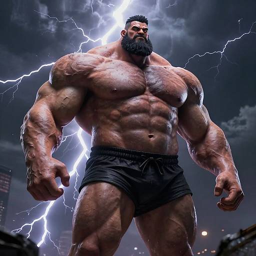 Muscular, bearded man with tan skin, black shorts, illuminated by lightning in stormy night sky, realistic CGI, powerful, dominant pose.