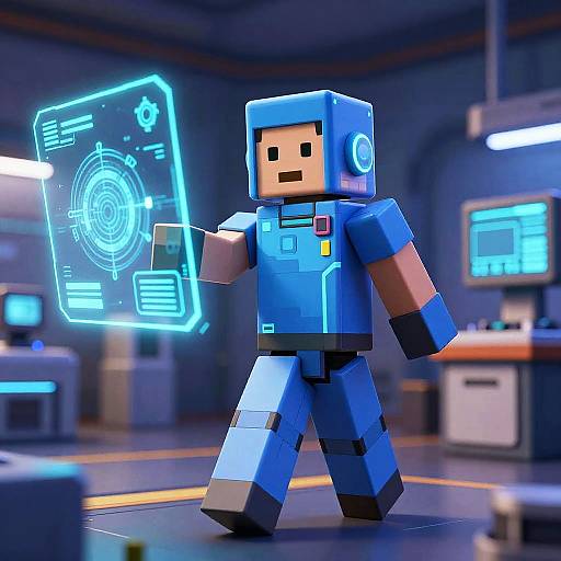 Pixel art of a blue-blocked, robotic, Minecraft-style character holding a glowing, holographic interface in a futuristic, dimly-lit lab.