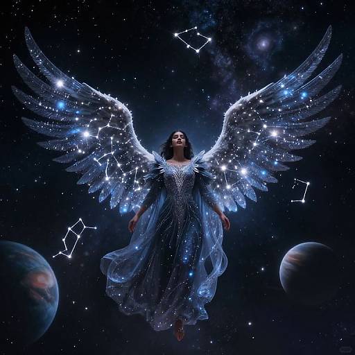 Digital art: Angelic woman with glowing, star-studded wings in a flowing, cosmic blue dress, floating above planets in a starry space.