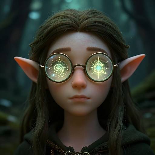 Digital CGI portrait of a fair-skinned, elf-like girl with large, glowing, spiral-patterned glasses, long brown hair, and pointed ears,