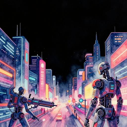 Digital artwork: Neon-lit cyberpunk city at night, two robotic soldiers with glowing blue accents and guns facing each other on a bright, bustling street