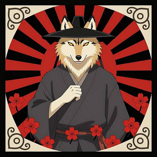 Elegant Anthropomorphic Wolf in Japanese Attire