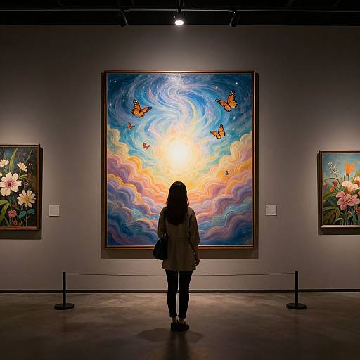 Photograph of a woman with long hair, wearing a dark coat, standing in front of a vivid, swirling painting with orange, blue, and yellow