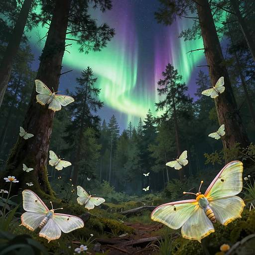Dreamy Forest with Aurora and Celestial Moths