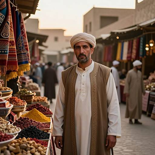 Photograph of a bearded Middle Eastern man with a white turban and beige vest, standing in a vibrant, colorful spice market at sunset.