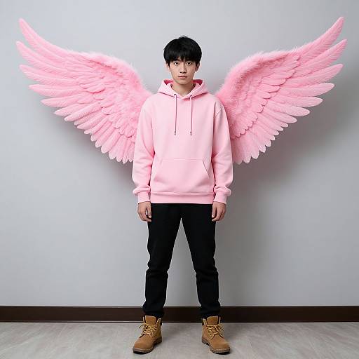 Photograph of a young man with black hair, wearing a pink hoodie, black pants, and tan boots, standing against a white wall with large,