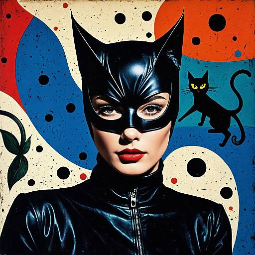Surrealist Catwoman Portrait with Miro-Inspired Background