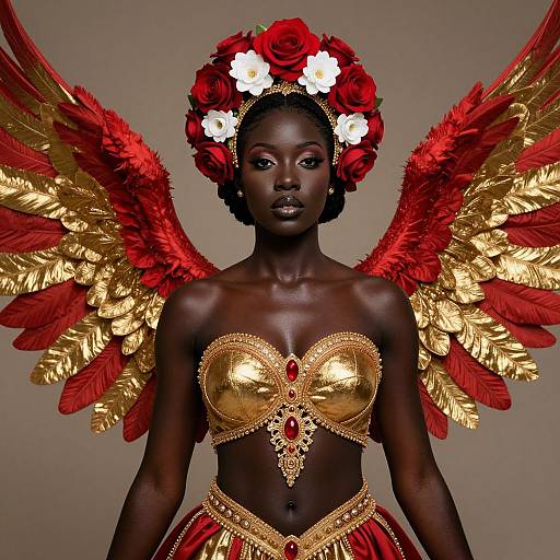 Photograph of a dark-skinned woman with red and gold feathered wings, wearing a gold bandeau, red floral headpiece, and red skirt