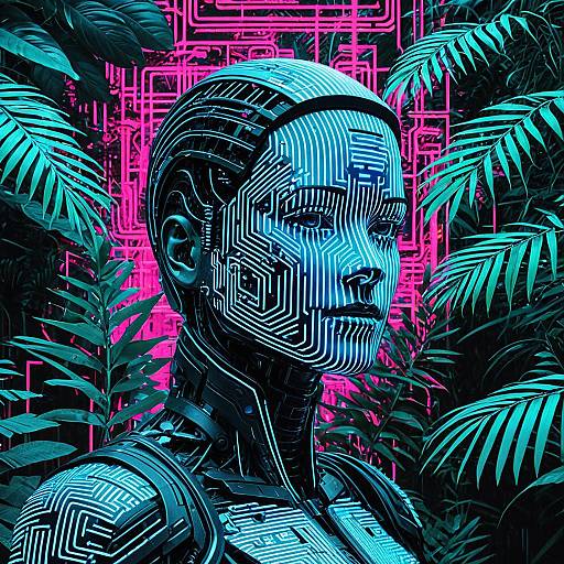 Futuristic Android in Neon Cyber Jungle