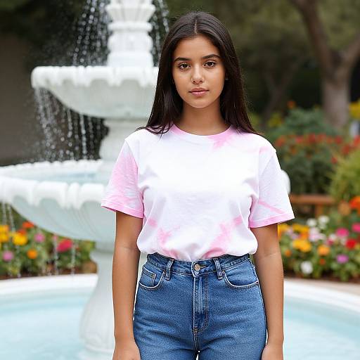 Young Woman by Classic Fountain