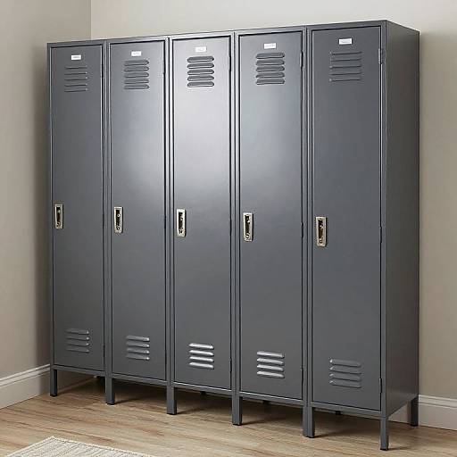Photograph of five blue metal lockers with vents, silver door handles, and white light switches, standing against a beige wall on wooden floor.