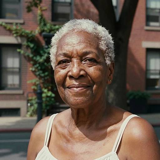 Photograph of smiling elderly African-American woman with short white curly hair, wearing a white tank top, standing outdoors in front of a red-brick building