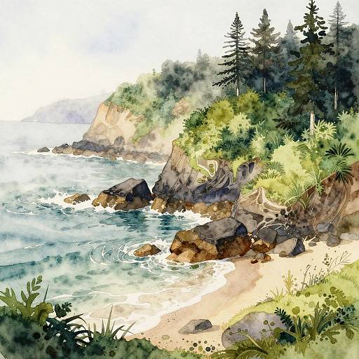 Watercolor Oceanfront Bluffs Scene