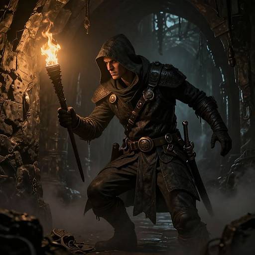 Dark fantasy artwork of a hooded, armored man with a torch, kneeling in a misty, stone dungeon, holding a dagger.