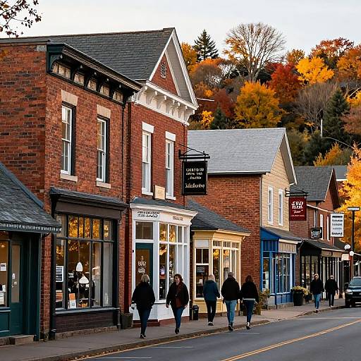 Photograph of a quaint, autumnal street with red-brick and blue storefronts, people walking, and vibrant fall foliage in the background.