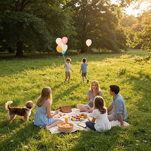 Photograph of a family picnic on a sunny grassy field, with two children holding balloons, a small dog, and four adults sitting on a blanket