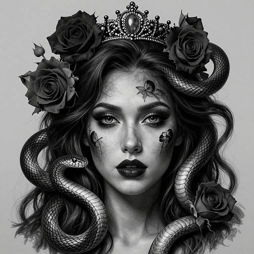 Digital black-and-white portrait of a woman with long, wavy hair, crowned with roses and snakes, wearing a jeweled tiara, with intricate