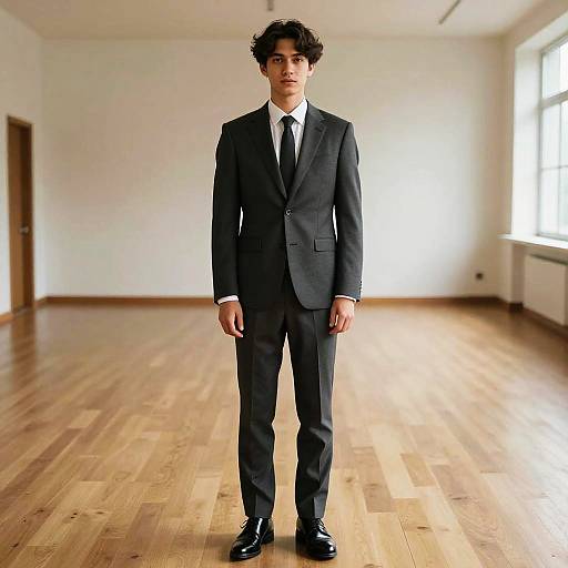 Young Man in Formal Suit Standing in Empty Room