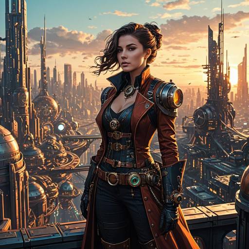 Steampunk Adventurer in Futuristic City