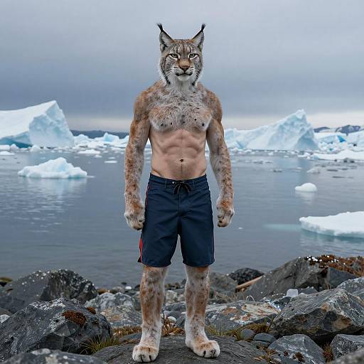 Muscular White Lynx on Arctic Shoreline