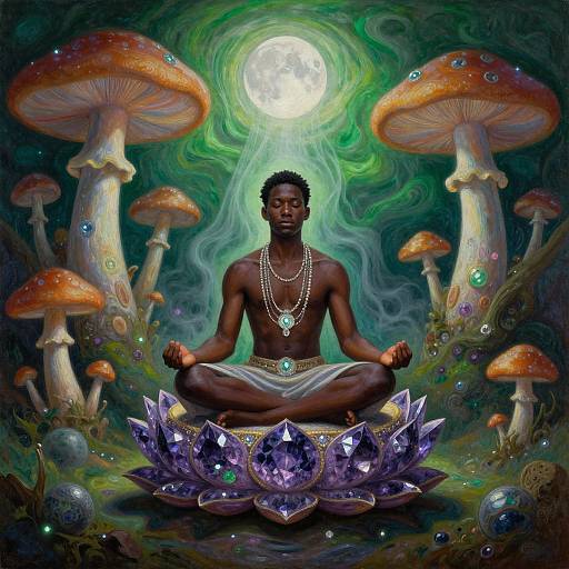 Digital artwork of a muscular Black man meditating on a purple lotus, surrounded by glowing mushrooms, under a full moon.