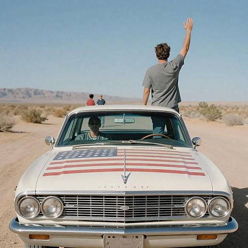 Naked Man in Vintage Car with Flag