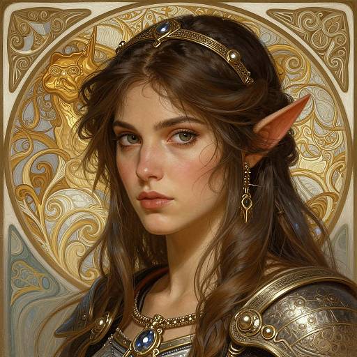 Digital painting of a beautiful, elf-like woman with long brown hair, pointed ears, and blue eyes, wearing ornate golden headpiece and armor,