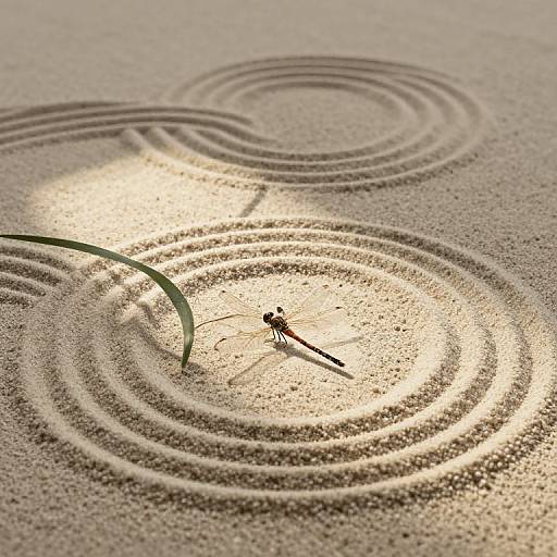 Photograph of a small dragonfly on sandy ground, with intricate circular ripples and sunlight casting shadows, a single green leaf nearby.